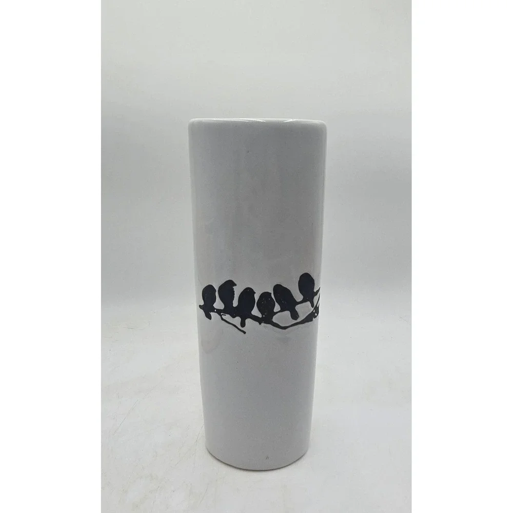 White Ceramic Oval Bud Vase Black Birds on Branch Silhouette Modern